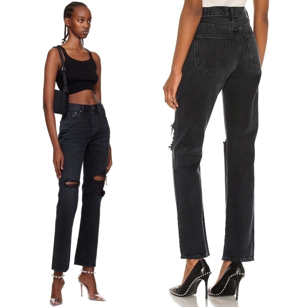 AGOLDE 90s Washed Black Distressed Denim Rip Knee Straight Leg Relaxed Jeans 23 - Picture 3 of 15